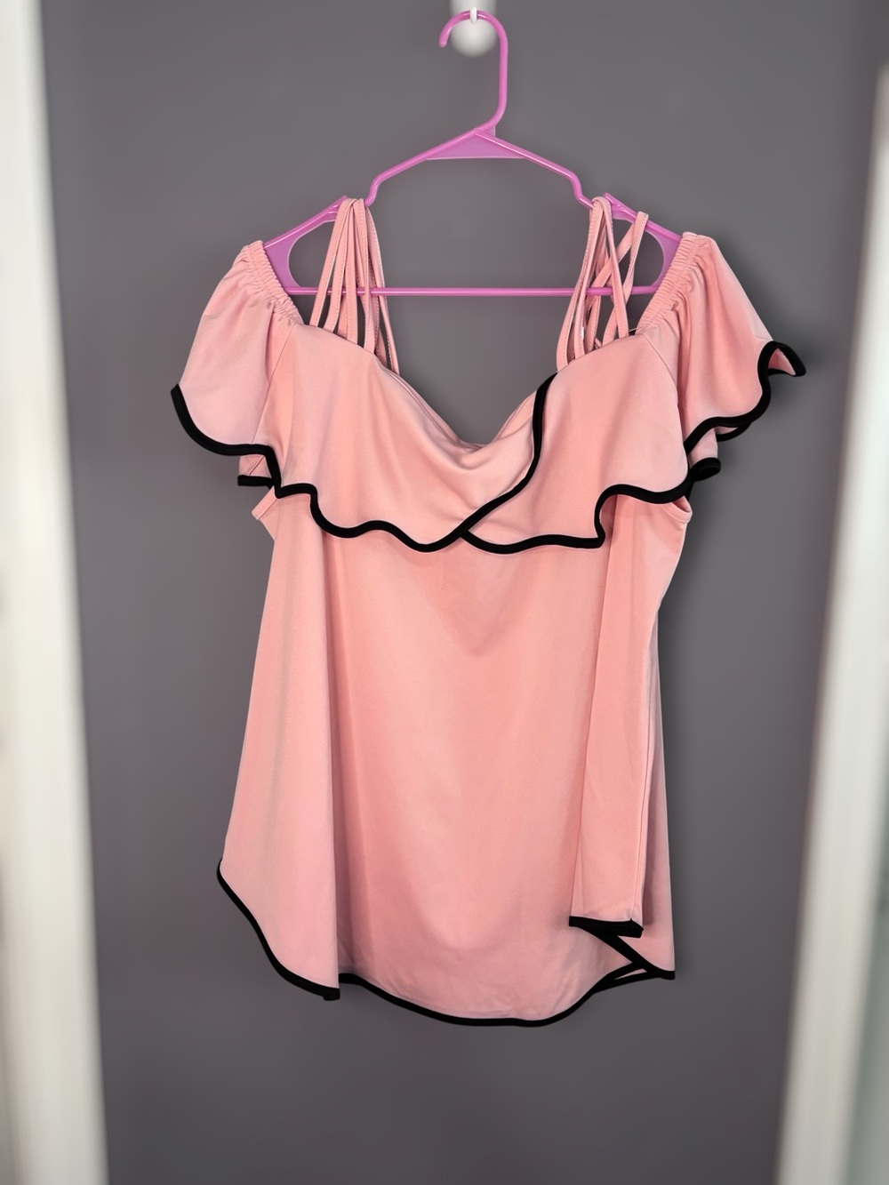 Rosegal Pink Cold Shoulder Ruffle Top Black Trim 2X